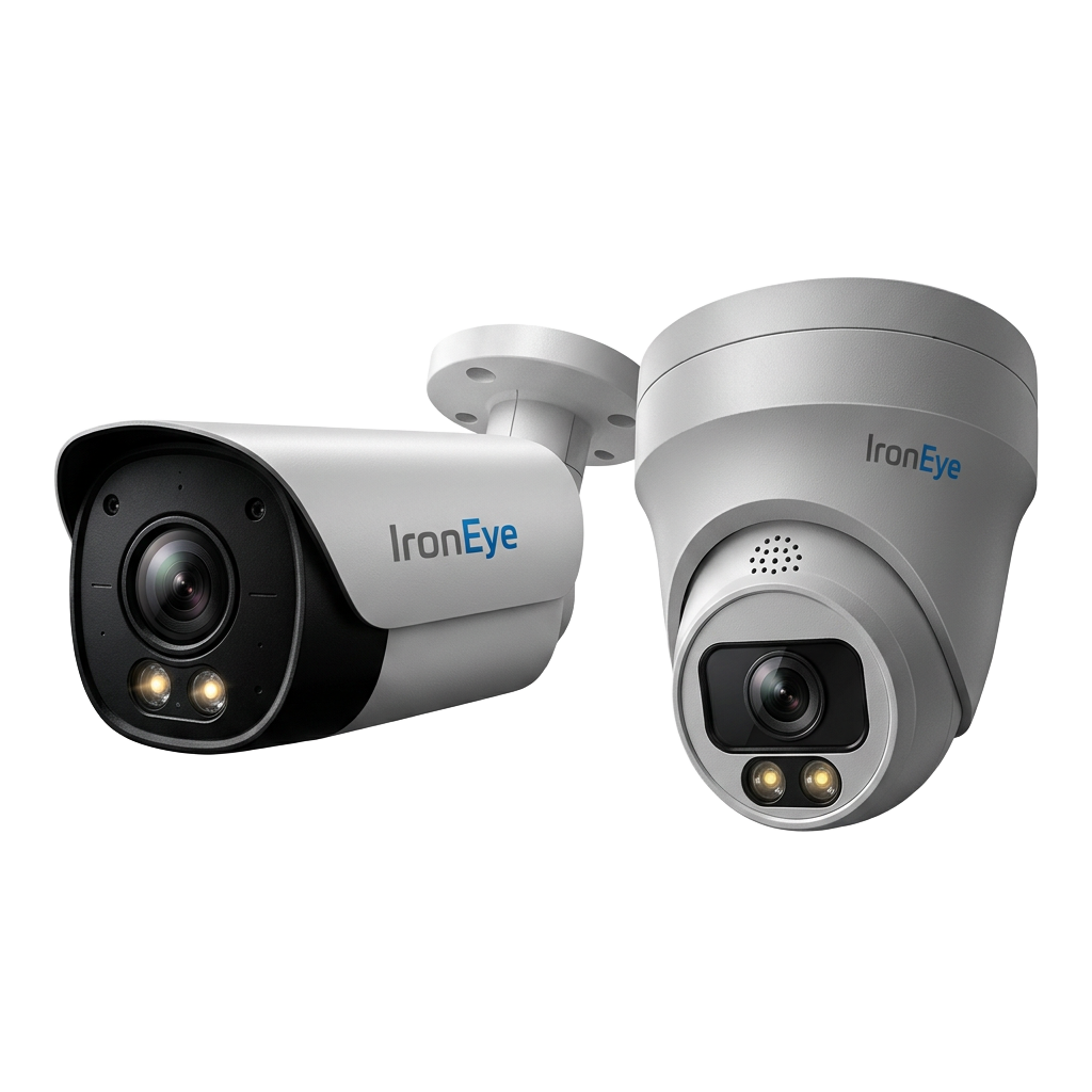 מצלמות האבטחה Iron Eye 6MP בתצורת צינור וכיפה עם לוגו החברה